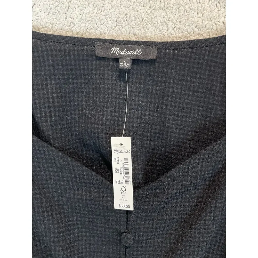 Madewell Gingham Sweetheart Button-Front Blouse Womens L Large Black NWT New